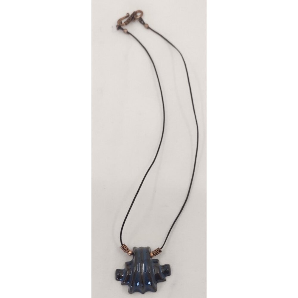 Hand Crafted Blue Art Glass Pendant Necklace Copper Accents Modernist